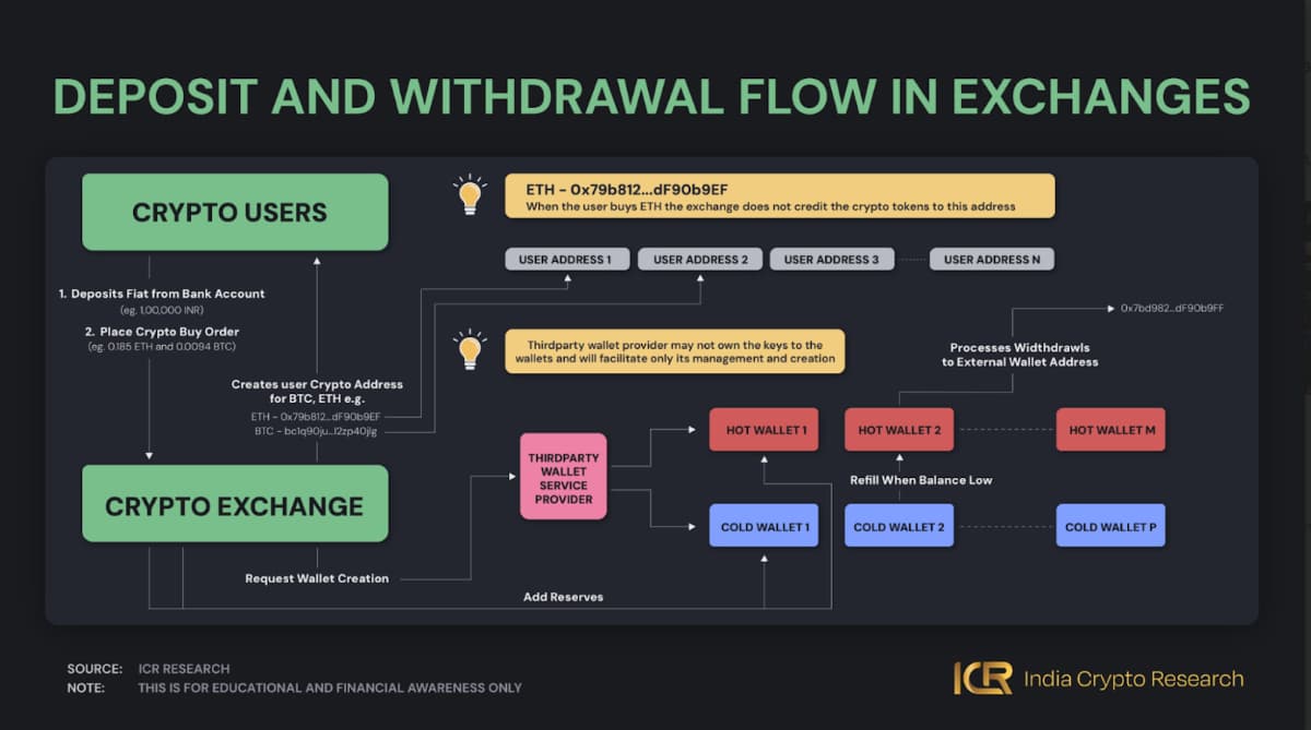 Deposit, Withdrawal and Storage of Funds in Cold and Hot Wallets in Crypto Exchanges