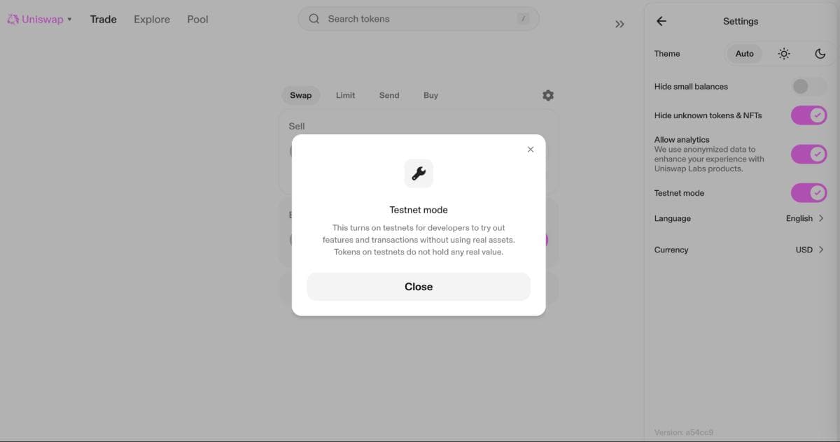 Uniswap Testnet Mode