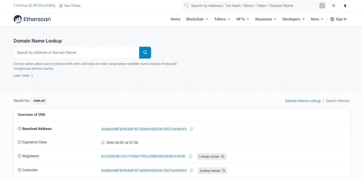 Search Etherscan (Blockchain Explorer) by Domain