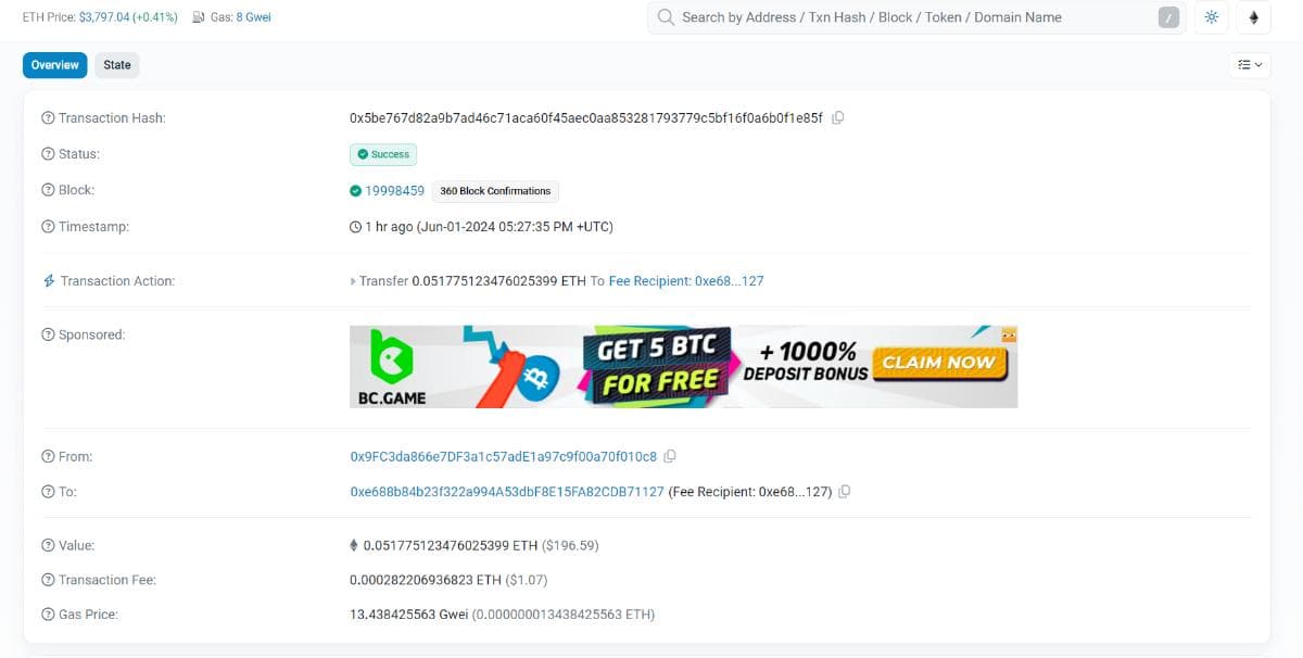 Search Etherscan (Blockchain Explorer) by Transaction Hash